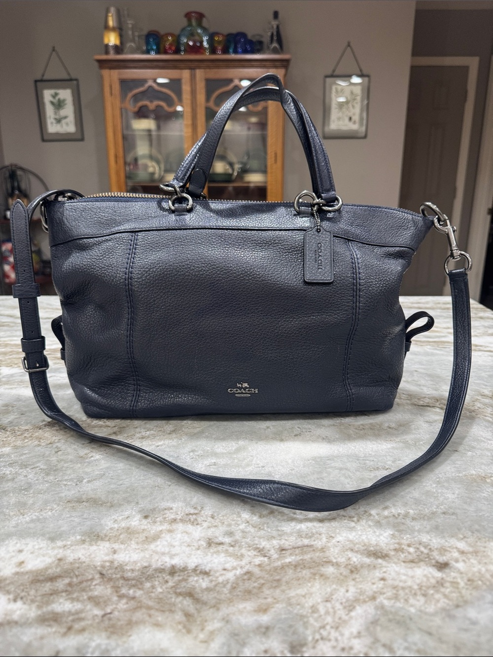 Coach Navy Pebbled Leather Satchel with Detachable Strap